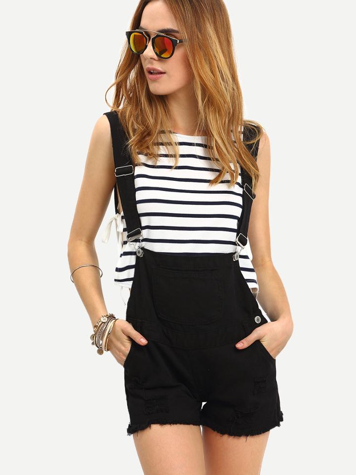 Shein Raw Hem Black Denim Overall Shorts