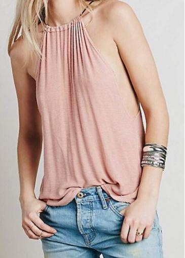 Rosewe Pink Sleeveless Back Slit Asymmetric Top