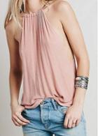 Rosewe Pink Sleeveless Back Slit Asymmetric Top