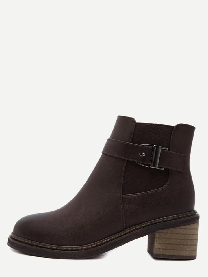Shein Brown Faux Leather Round Toe Buckle Strap Elastic Ankle Boots