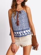 Shein Blue Paisley Print Lace Up Cami Top