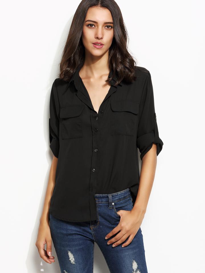 Shein Black Roll Tab Sleeve Curved Hem Pockets Shirt