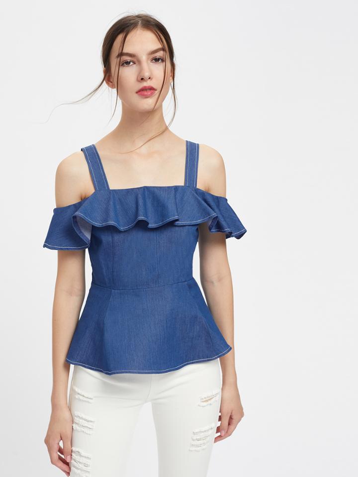 Shein Flounce Trim Tailored Chambray Peplum Top