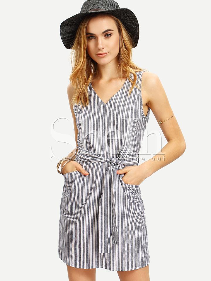 Shein Multicolor Striped Sleeveless Waistband Pockets Dress