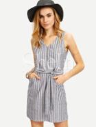 Shein Multicolor Striped Sleeveless Waistband Pockets Dress