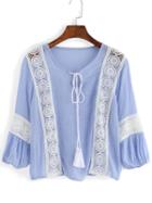 Shein Blue Tie Collar Lace Crop Blouse