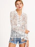 Shein White Eyelet Lace Up Bell Sleeve Lace Blouse