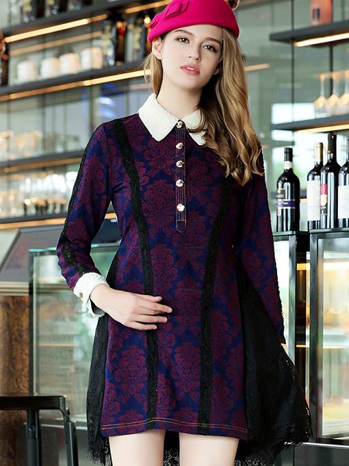 Shein Purple Lapel Long Sleeve Contrast Lace Dress