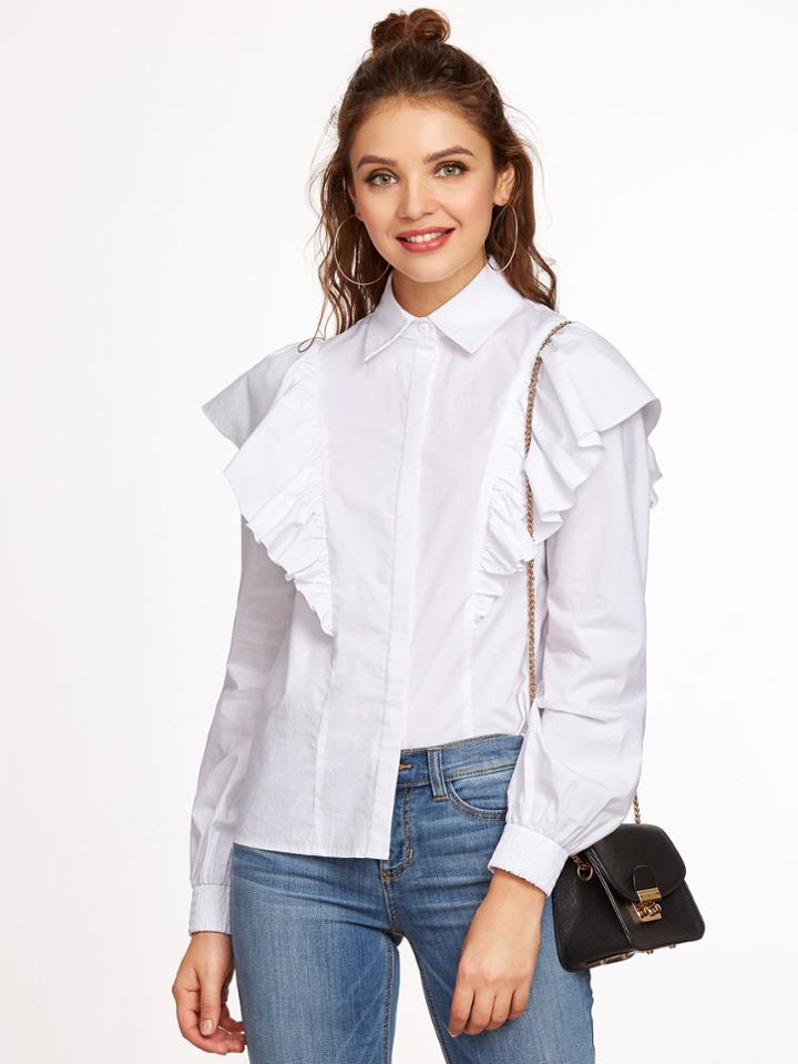 Shein White Ruffle Trim Hidden Button Blouse