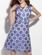 Shein Blue V Neck Backless Organza Embroidered Dress