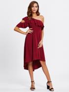 Shein Frilled One Shoulder Box Pleated Dip Hem Dress