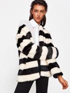 Shein Striped Open Front Faux Fur Coat