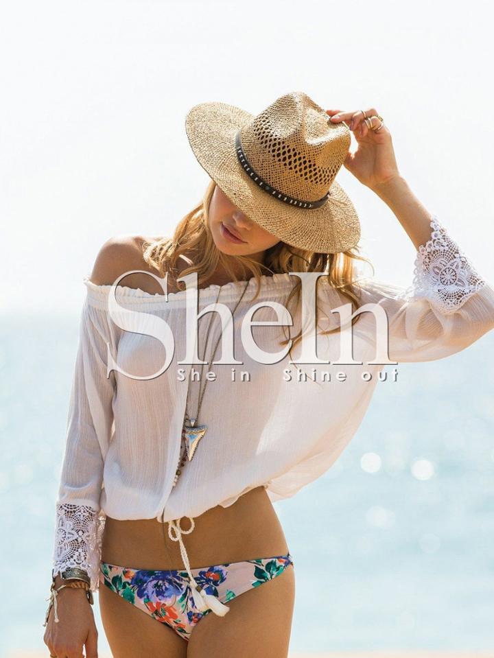Shein White Cold Shoulder Lace Cuff Tassel Tie Blouse