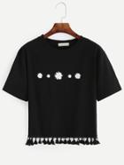 Shein Black Daisy Print Fringe T-shirt