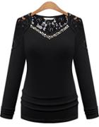 Shein Black V Neck Long Sleeve Lace T-shirt