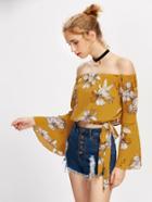 Shein Bardot Fluted Sleeve Knotted Hem Florals Top