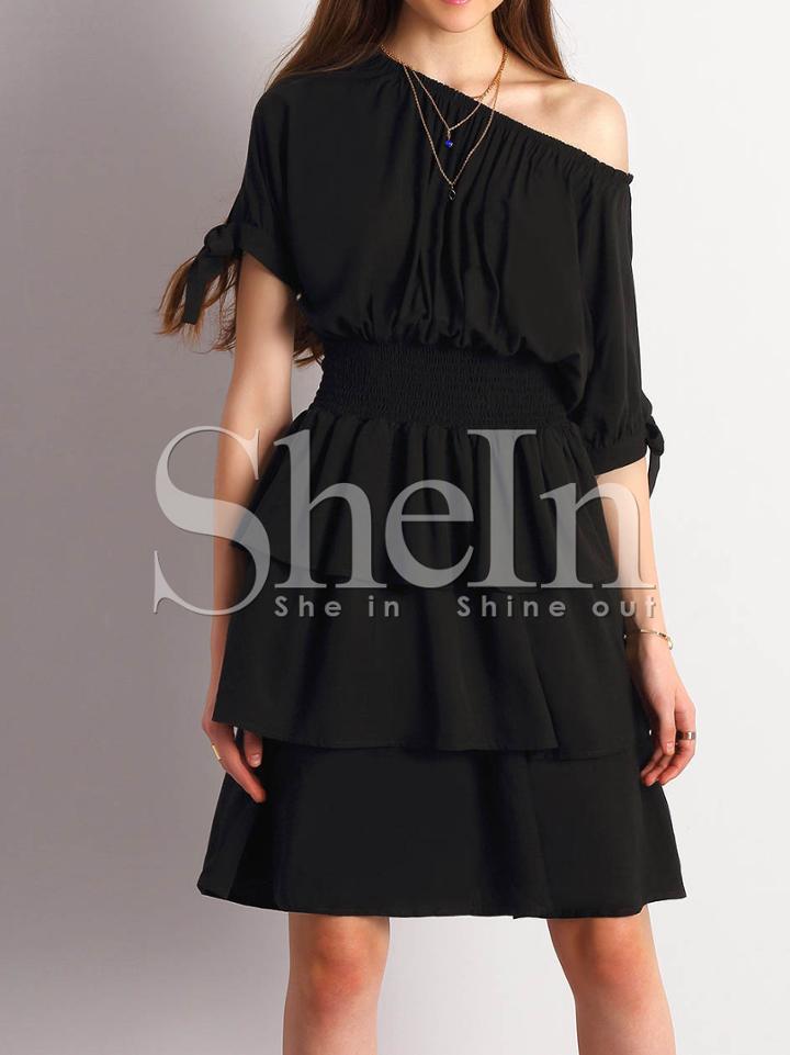 Shein Black Wide Neck Layer Ruffle Dress