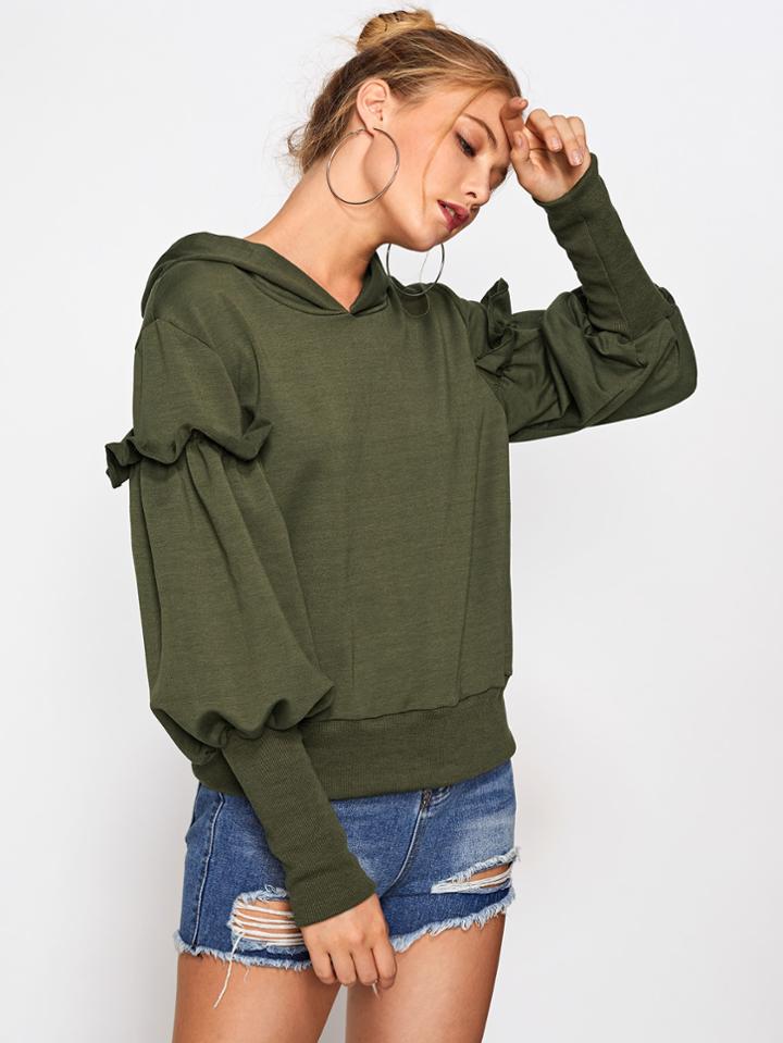 Shein Frill Detail Ribbed Trim Hoodie