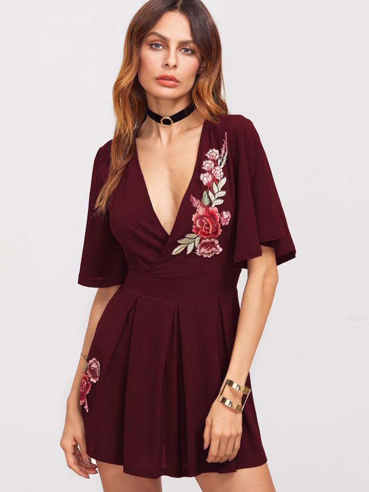 Shein Burgundy Deep V Neck Appliques Bow Tie Back Romper