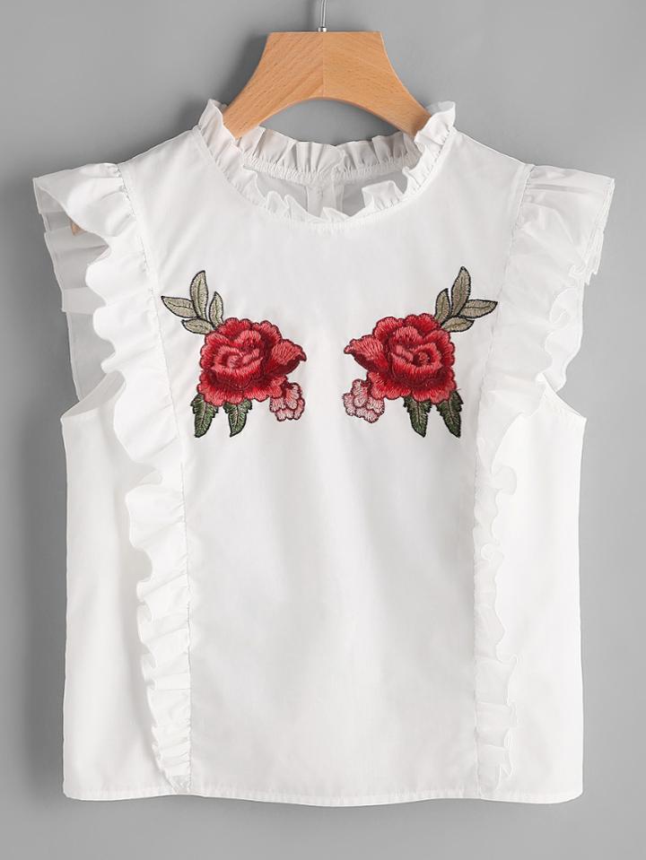 Shein Embroidered Rose Patch Ruffle Detail Button Back Blouse