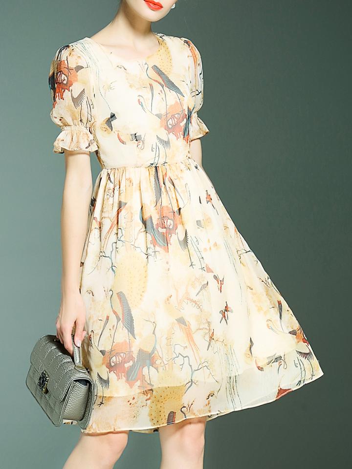 Shein Apricot Crew Neck Print A-line Dress