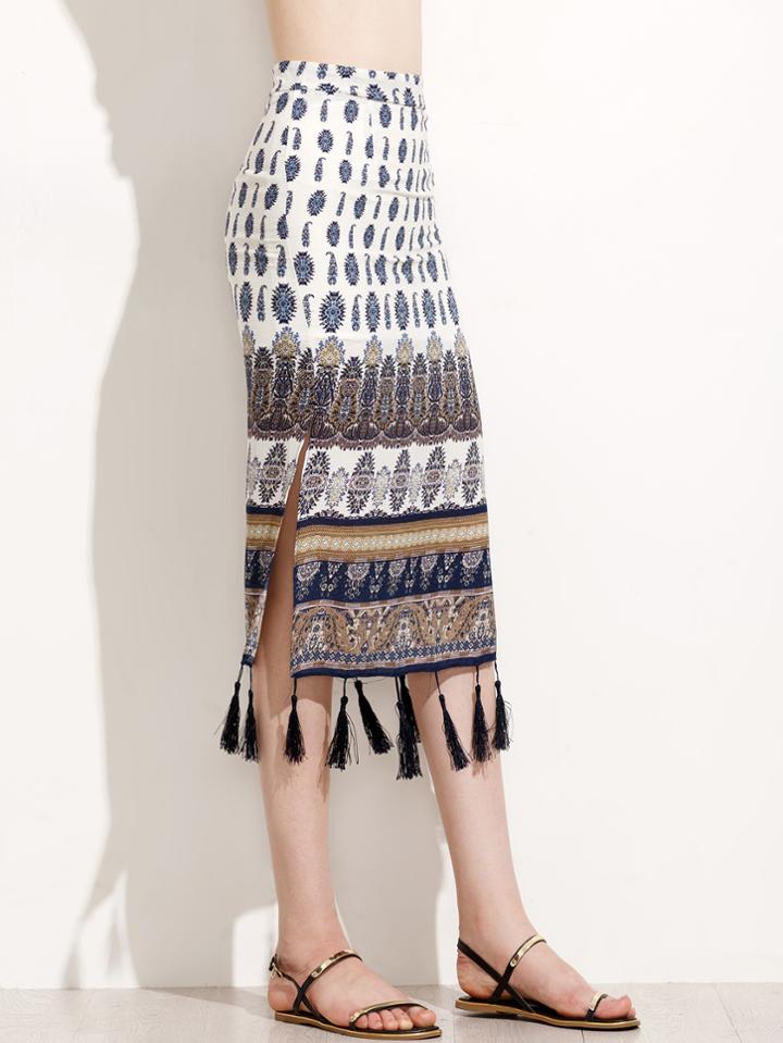 Shein White Paisley Print Tassel Trim Side Slit Pencil Skirt