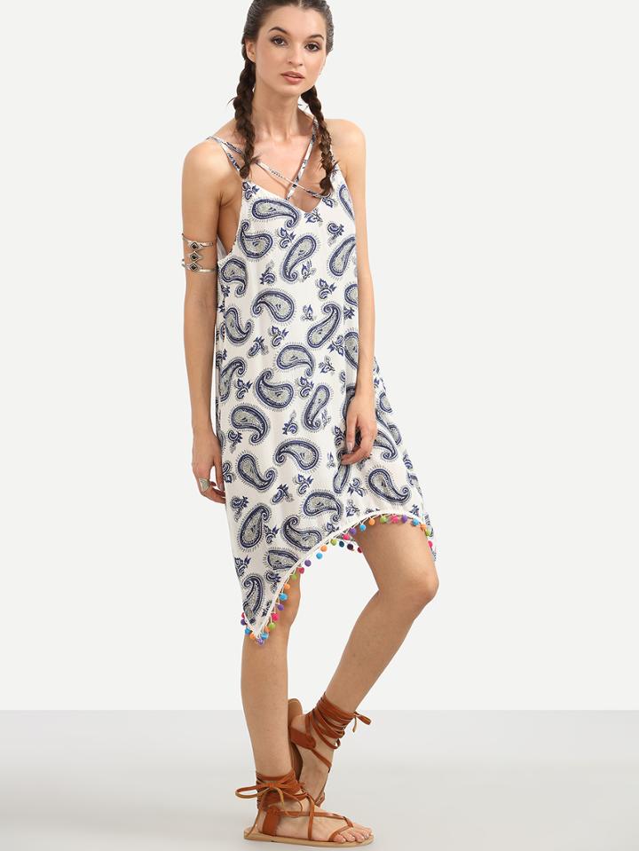 Shein Multicolor Print Crisscross Pom-pom Hem Asymmetrical Dress