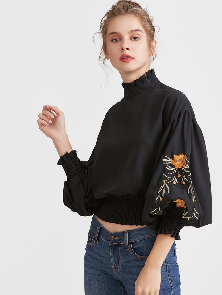 Shein Black Flower Embroidered Lantern Sleeve Shirred Hem Blouse