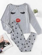 Shein Graphic Raglan Sleeve Top And Sweatpants Pajama Set