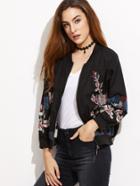 Shein Flower Embroidered Ribbed Trim Bomber Jacket