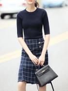 Shein Navy Knit Top With Check Print Skirt