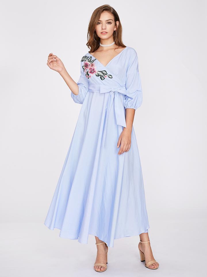 Shein Flower Patch Puff Sleeve Surplice Wrap Dress