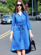 Shein Blue V Neck Length Sleeve Tie-waist High Low Dress
