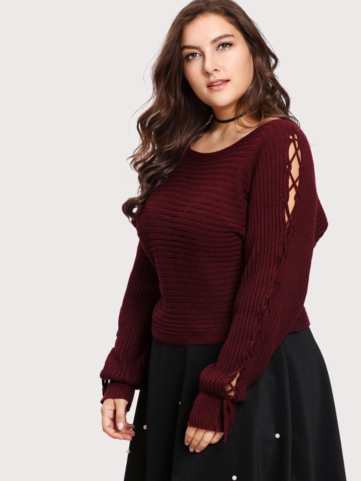 Shein Lace Up Sleeve Waffle Knit Sweater
