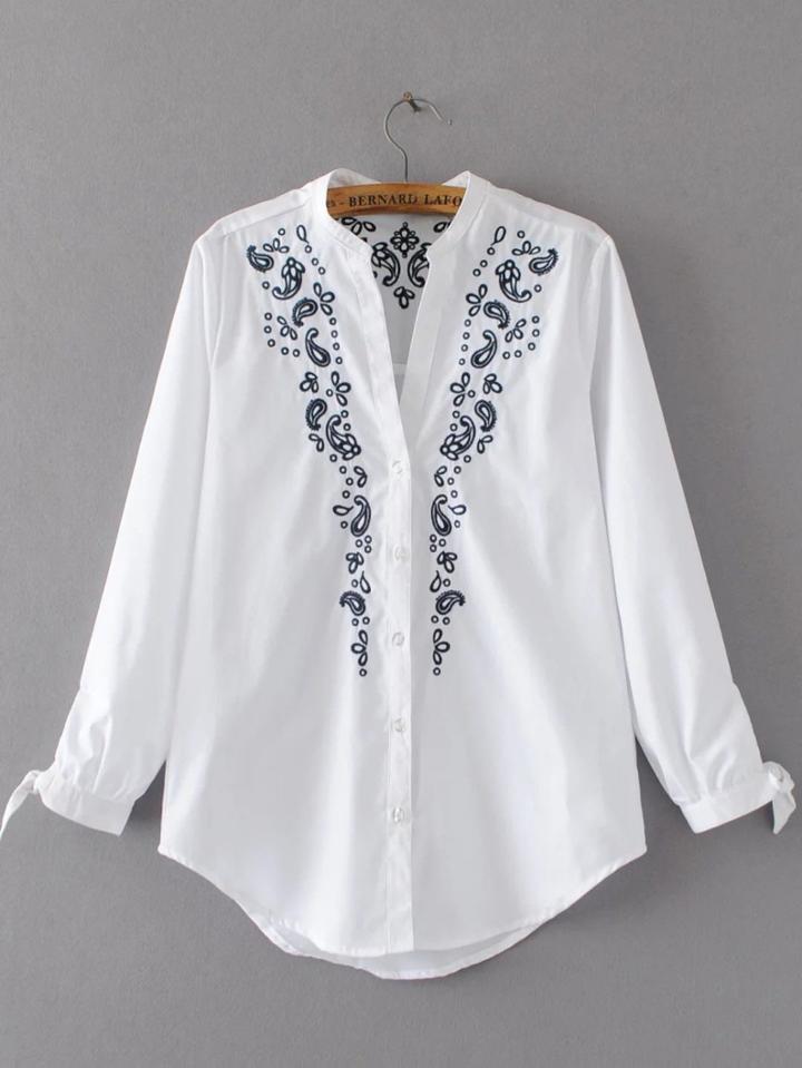 Shein White Embroidery Tie Cuff Single Breasted Blouse