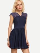 Shein Lace Insert V-back Skater Dress - Navy