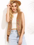 Shein Camel Faux Suede Embroidered Fringe Vest