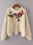 Shein Button Embellished Wave Hem Sweater With Fringe