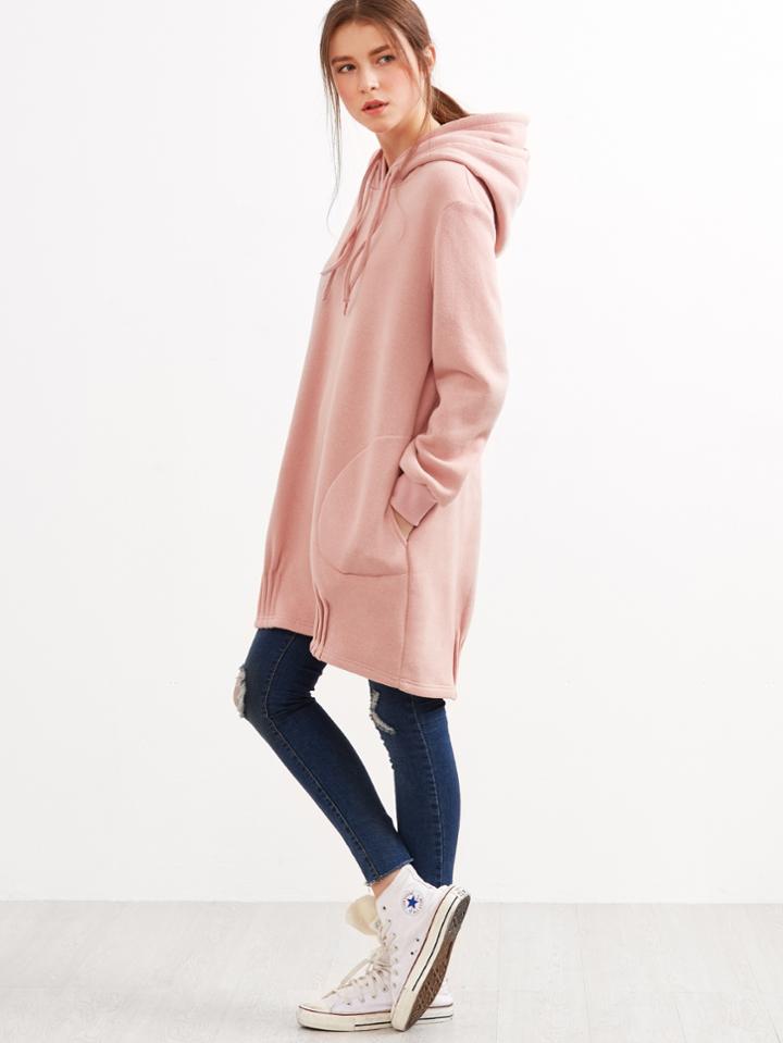 Shein Pink Double Hoods Pleated Hem Longline Sweatshirt