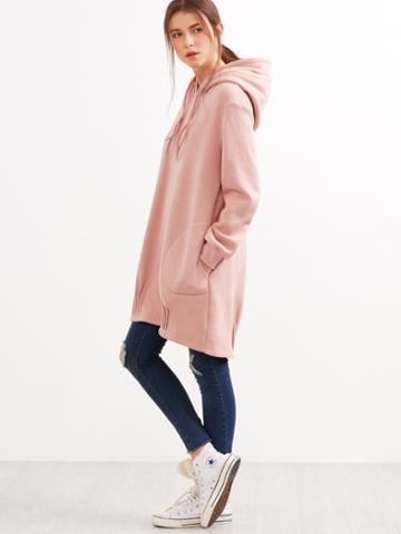 Shein Pink Double Hoods Pleated Hem Longline Sweatshirt