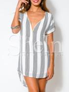 Shein White House Short Sleeve V Neck Striped High Low Dress