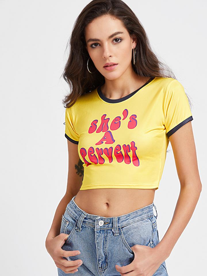 Shein Yellow Contrast Trim Slogan Print Crop T-shirt