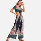 Shein Geo Print Plunging Knot Top & Wide Leg Pants Set