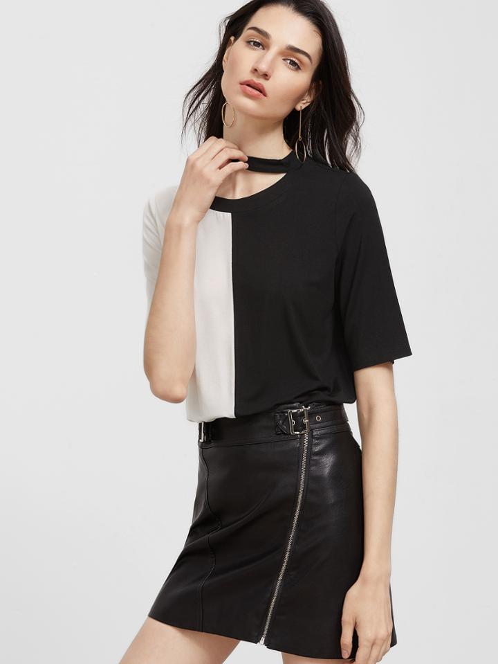 Shein Contrast Asymmetric Choker Neck T-shirt