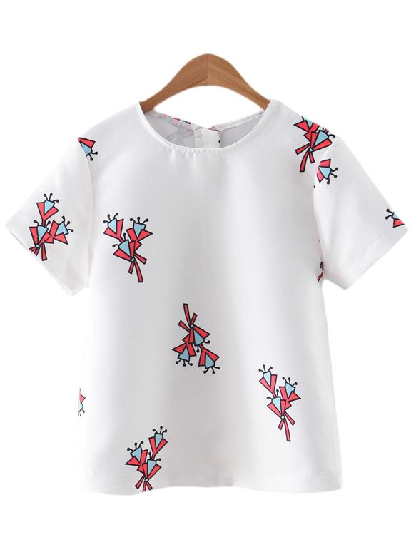 Shein White Short Sleeve Zipper Print Blouse