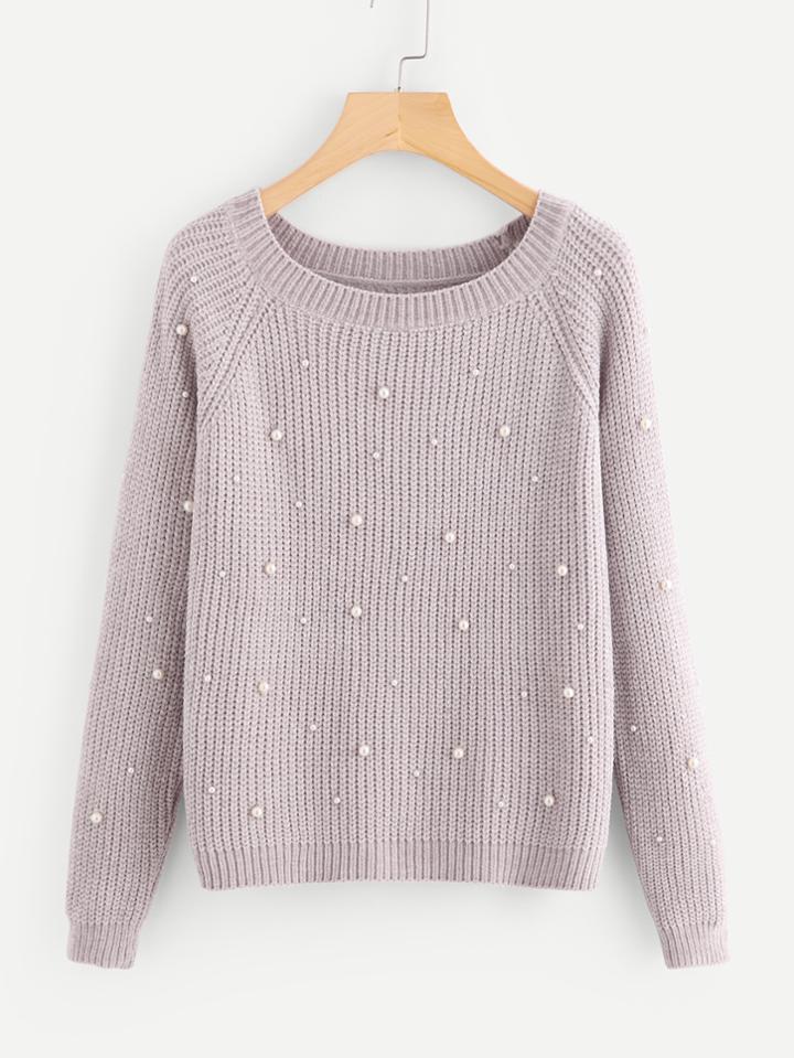 Shein Pearl Beading Raglan Sleeve Chenille Jumper