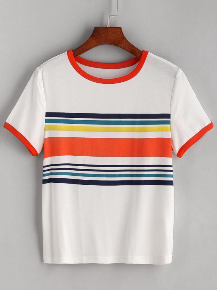 Shein White Contrast Striped Trim T-shirt