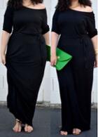 Rosewe Half Sleeve Black Plus Size Maxi Dress