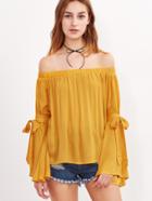 Shein Yellow Belted Bell Sleeve Off The Shoulder Top