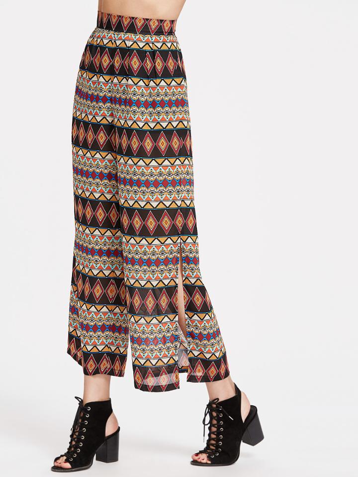 Shein Multicolor Geometric Print Split Side Wide Leg Pants